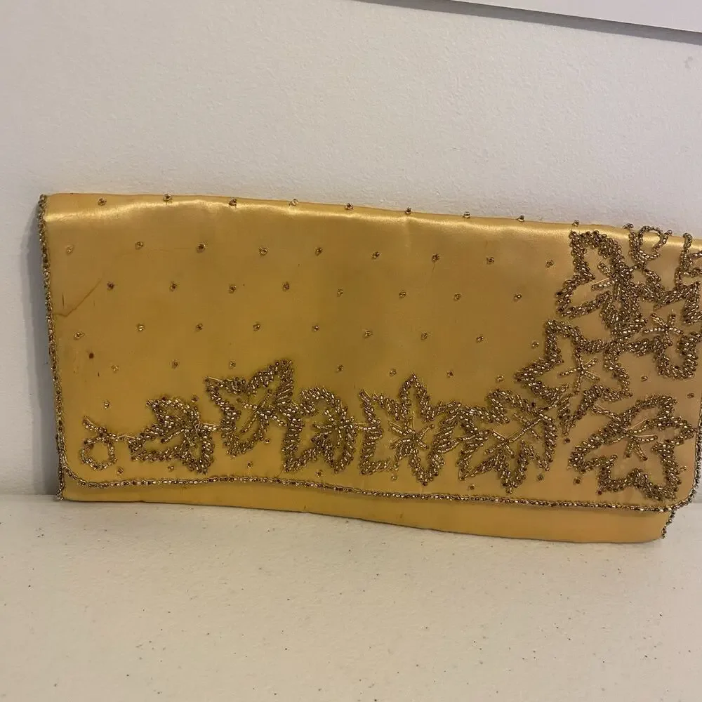 Vintage Japanese La Royal Product Long Wallet Silk Beaded Yellow Gold Asian Core